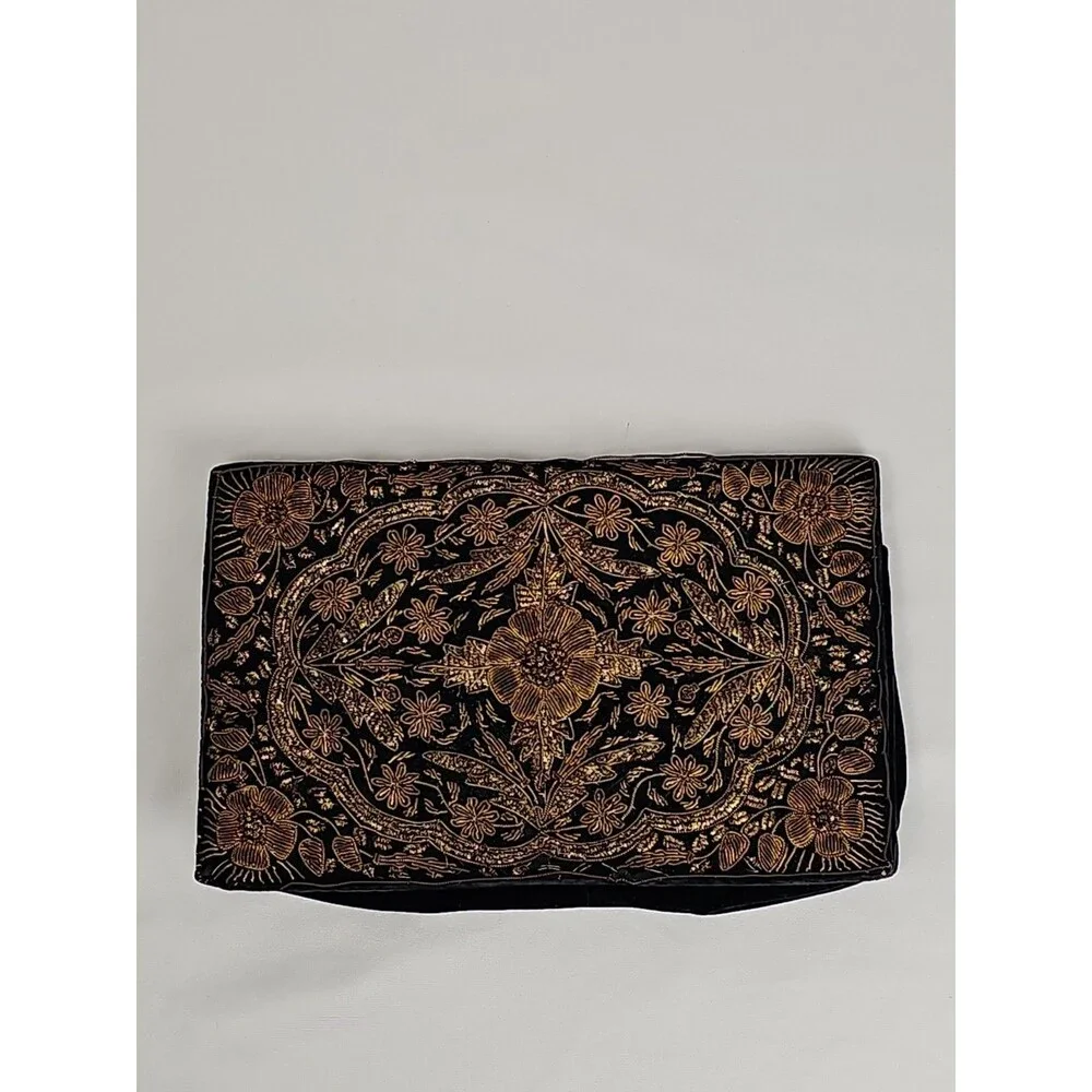 Vintage Black Velvet Gold Embroidered Clutch Purse Made in India Evening Bag 50s